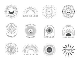 Sun emblem. Linear starburst business logo, boho decorative banner template. Vector isolated set