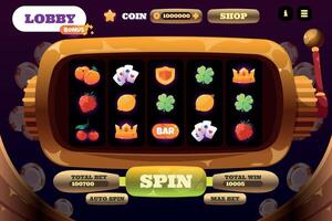 Slot machine game. Cartoon online casino web app UI, gamble game screen with interface elements and cartoon colorful shiny icons and buttons. Vector layout