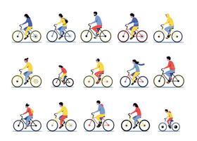 Person on bike. Cartoon active men and women ride the bicycle, cycling sport activity concept with various people. Vector bike fitness illustration