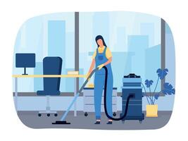 Workspace cleanup vector concept. Cleaning company employee in uniform working with equipment and vacuuming floor