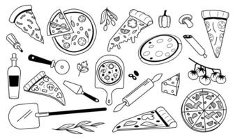 Doodle pizza. Italian food outline sketch, pepperoni mushrooms cheese tomato olive oil and pizza dough ingredients collection. Vector restaurant menu graphic set