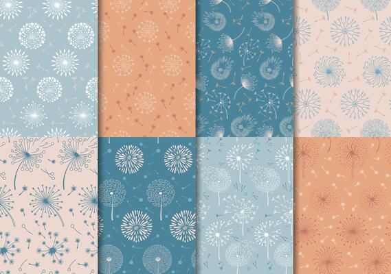 Dandelion seamless patterns. Nature graphic print with spring flowers. Dandelions blown by wind, blowball floral boho wallpaper vector set