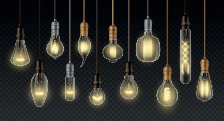 Filament lamps. Realistic incandescent light bulbs of different types and shapes, retro loft interior decoration lamp. Vector glowing vintage ceiling chandelier set