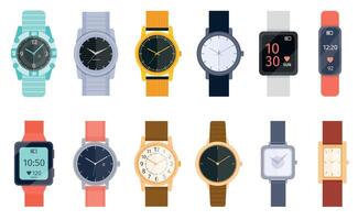 Flat modern, classic and luxury wrist watches with bracelet. Smart watch, accessory hand clock for men and women. Cartoon watches vector set