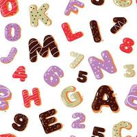 Donut type pattern. Seamless print of colorful biscuit cake alphabet, cute doughnut typeface letters and numbers repeated background. Vector texture