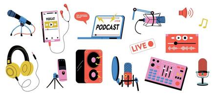 Podcast recording collection. Microphone laptop camera headphone keyboard equipment for broadcasting, blogging, vlog stream in cartoon style. Vector illustration