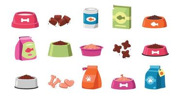 Pet food. Dry meal for cats and dogs cartoon style, colorful bowl jar package container with treats domestic animals feed assortment. Vector flat set