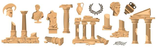 Antique exhibition collection. Greek ancient classic goddess statues columns vases, old historical mystic elements boho style. Vector flat set