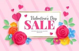 Paper art valentines sale. Love celebration voucher banner with flovers and heart shape. Discount market vector advertising in origami style