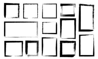 Grunge frames. Dirty borders with black paint brush strokes. Ink rectangle edges with distress texture. Rough line sketch squares vector set