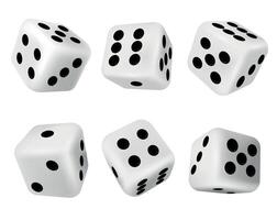 Realistic 3d rolling dice for casino gambling games. White cubes with dots. Falling poker die for random choice in craps. Dice vector set