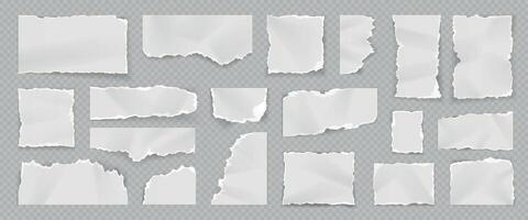 Realistic torn white paper pieces, rips, scraps and stripes. Notebook blank tear page. Shredded sheet squares. Ragged note paper vector set