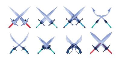 Crossed swords. Metal fantasy medieval knight sharp blades cartoon style, cross of two old broadsword weapon for rpg sprite game asset. Vector set