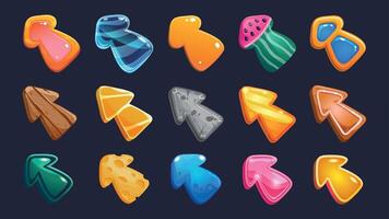 Cartoon game cursors. Click arrows and pointer interface icons of different shapes and materials. Vector 2D game sprite asset of pointing GUI symbols