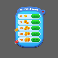 2d fazer compras tela ui psd, ouro moedas pacote fazer compras interface do usuário, 2d Aparecer jogos ui psd