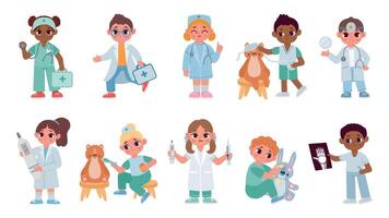 Children play hospital in doctor uniform with first aid kit toy. Cute cartoon kids with medical equipment. Healthcare profession vector set