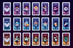 Card game characters. Cartoon deck with fantasy warrior animals, UI decorative frame with funny mascots for RPG sprite game asset. Vector colorful set