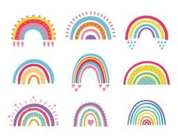 Cartoon rainbows with heart, rain drops for kids. Cute bright colorful arch elements isolated vector set