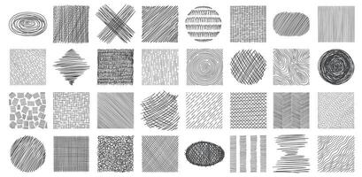 Scribble hatch textures. Dirty lines and scratches of various shapes, creative abstract strokes and hatching effect. Vector doodle strokes and scribbles isolated set