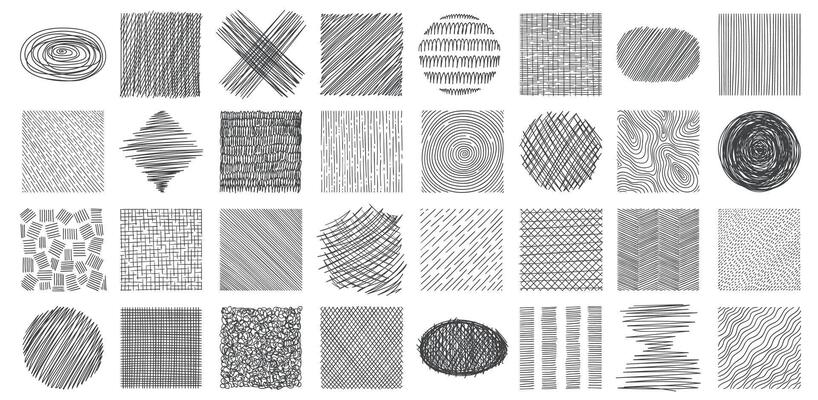 Scribble hatch textures. Dirty lines and scratches of various shapes, creative abstract strokes and hatching effect. Vector doodle strokes and scribbles isolated set