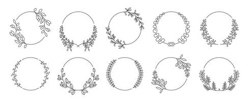 Round decorative floral frames. Line sketch of laurel branches and circle borders for tattoo and greeting card framing. Vector wedding invitation decoration set