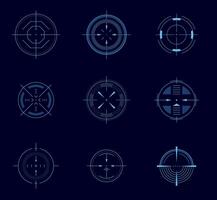 Futuristic aim pointer. Circle HUD user interface element, weapon collimator round aim, digital focus UI game asset. Vector accuracy symbols isolated