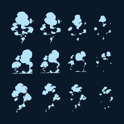 Smoke sprite effect. Cartoon dust cloud game animation asset, steam blast and fog dissipation 2D graphic frames. Vector comic explosion