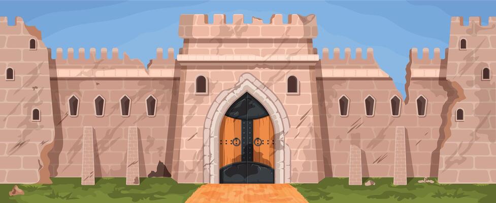 Cartoon broken medieval castle or city wall ruins after war. Abandoned stone block fortress with towers. Ruined kingdom walls vector scene