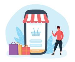 Online shopping, man choosing item in smartphone vector