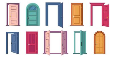 Open and closed door collection. Cartoon entrance and exit doors with handles and frames, home exterior architecture concept. Vector set