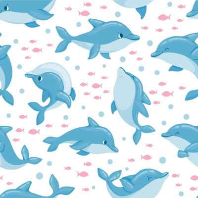 Cartoon dolphin seamless pattern. Cute baby marine print with ocean animal, fish. Dolphins swim and jump. Sea whale dolphin vector texture
