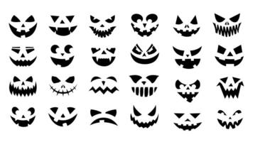 Scary faces. Halloween smiley pumpkin faces, creepy jack lantern with evil ghost expression and angry eyes, horror monster face collection. Vector isolated set