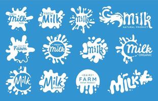 Dairy drop logo. Cartoon falling milk drop splash emblem for yoghurt and milk package, grocery round blob sticker. Vector design elements collection