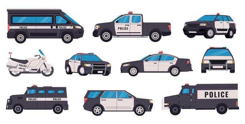 Police vehicles. Security car with siren, policeman van suv truck transport for protection and rescue, urgency patrol machine icons. Vector flat set