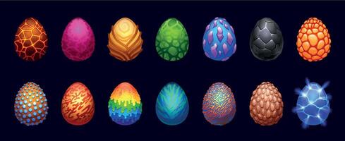 Cartoon fantasy eggs. Magic dragon reptile eggshell for game asset, fairy mythological monster glossy crystal GUI design template. Vector isolated set