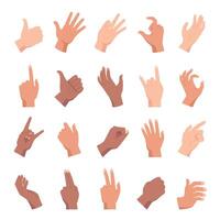 Cartoon hand poses, holding, pointing and like gesture. Diverse people hands, fists and palm positions and signs. Woman arm count vector set