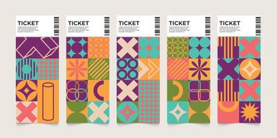 Tickets abstract lauout. Contemporary print of creative invitation flyer with minimalist geometric shapes and bauhaus creative concept. Vector set