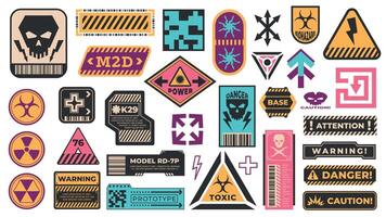 Industrial warning label. Security virus danger alert stickers with police attention, toxic hazard cyberpunk message. Vector isolated retrofuturistic set