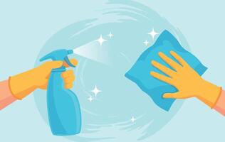 limpieza superficie. manos en guantes limpiar con rociar y limpiar. desinfectante hogar desde virus y bacterias coronavirus prevención vector concepto