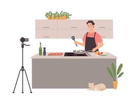 Cooking blogger. Cartoon person prepare food and streaming, trendy culinary vlogger making content and teaching vector