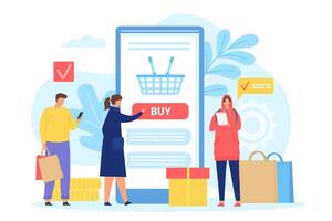 People buying in online shop. Smartphone screen with shopping basket. Poster with men and women with bags. Mobile store app vector concept