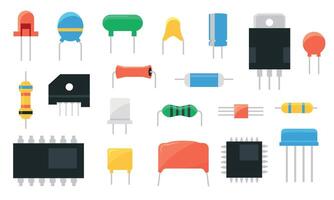 electrónico componente. semiconductor chip condensador transistor resistor y LED hardware. vector eléctrico circuito tablero cerámico partes aislado conjunto