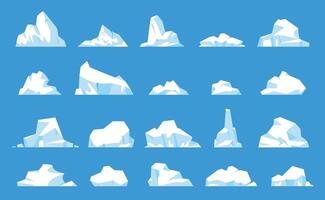 Iceberg collection. Floating ice mountain, cartoon glacier in arctic ocean water or north sea, frozen polar glacial fragment melting icy rock peak. Vector set