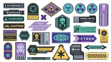 Cyberpunk decal. Warning label for security or warning, rerto-futuristic black stripe design with industrial attention and danger sign. Vector isolated set