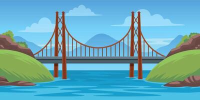 puente paisaje. panorámico escena con puente a través de río dibujos animados estilo, arquitectura construcción viaje infraestructura plano diseño. vector ilustración