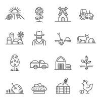 Farm line icon, tractor, farmer, fields and straw. Agriculture landscape with natural products, mill, cow and chicken. Rural logo vector set
