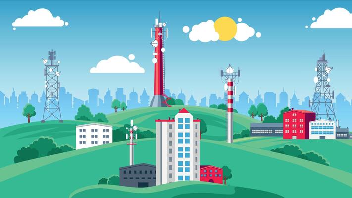 Landscape with transmittion tower. Telecom communication antenna, mobile phone connection, satellite network. Radio communication vector set