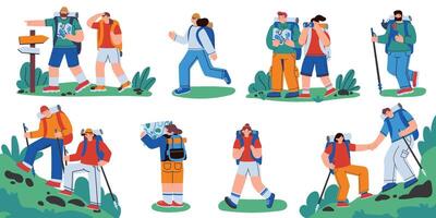 People hiking set. Active vacation and tourism scenes, tourist characters with backpacks on adventure. Vector set