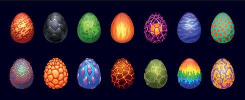 continuar huevos. dibujos animados magia fantasía elementos lustroso cáscara para juego usuario interfaz diseño, dinosaurio cáscara de huevo poder energía iluminación. vector conjunto