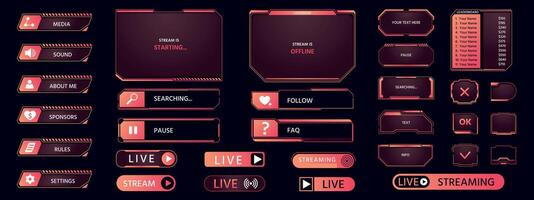 Game frame. Streaming interface elements, button icon frame futuristic layout asset, HUD live broadcast dashboard elements collection. Vector pop up stream set